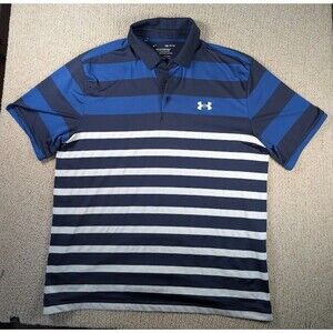 Under Armour Playoff Polo Golf Shirt Large Blue Navy White Striped Loose Fit